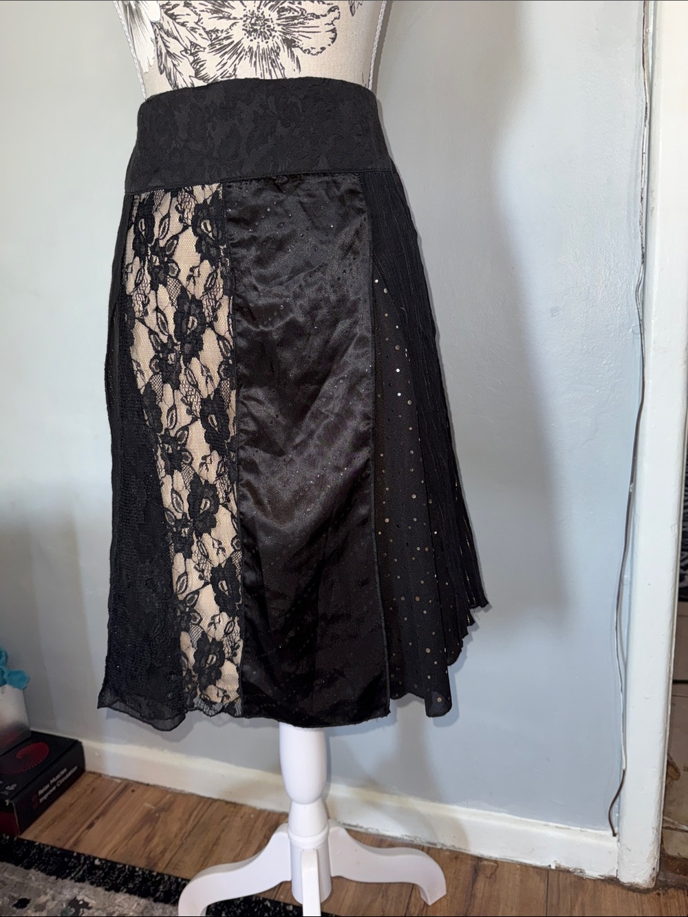 Black Mixed-Media Lace & Satin Midi Skirt